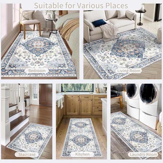 Enkor Runner Rugs for Hallway, 2x6 Washable Soft Non Slip Floor Rugs for Kitchen, Modern Mat for Living Room Bedroom Entryway Blue & White
