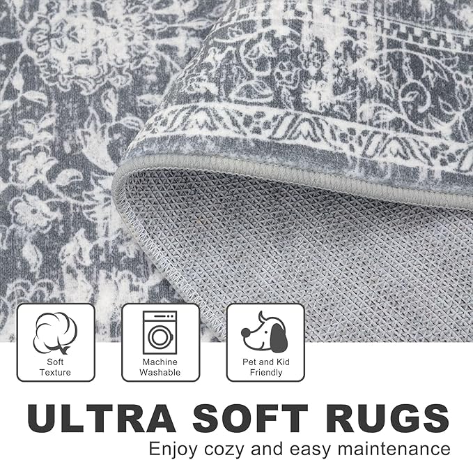 KILOCOCO Hallway Runner 2x6 Rug Runner Printed Vintage Floral Washable Kitchen Runners Non-Slip Rubber Backed Runners for Hallways Laundry Room Distressed Boho Rugs for Entryway Bedroom, Grey