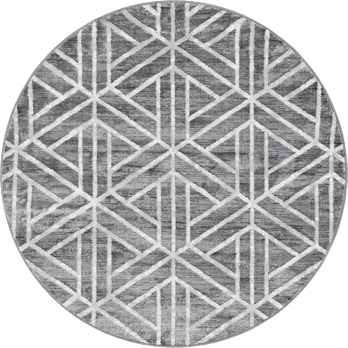 Rugs.com Lattice Trellis Collection Rug – 5 Ft Round Gray Low-Pile Rug Perfect for Kitchens, Dining Rooms