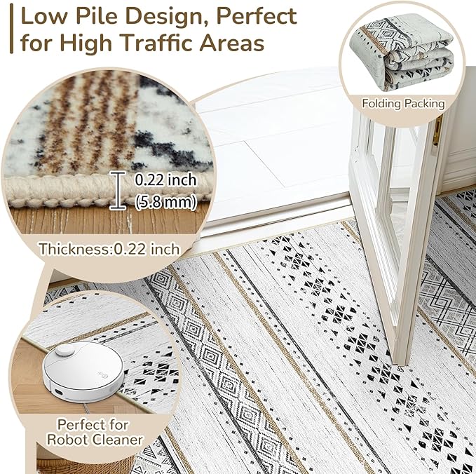 BESTSWEETIE 5x7 Area Rugs for Living Room Washable Moroccan Farmhouse Neutral Geometric Low Pile Non-Slip Soft Print Pattern Rug for Bedroom Kitchen Dining Room Entryway Black/Brown