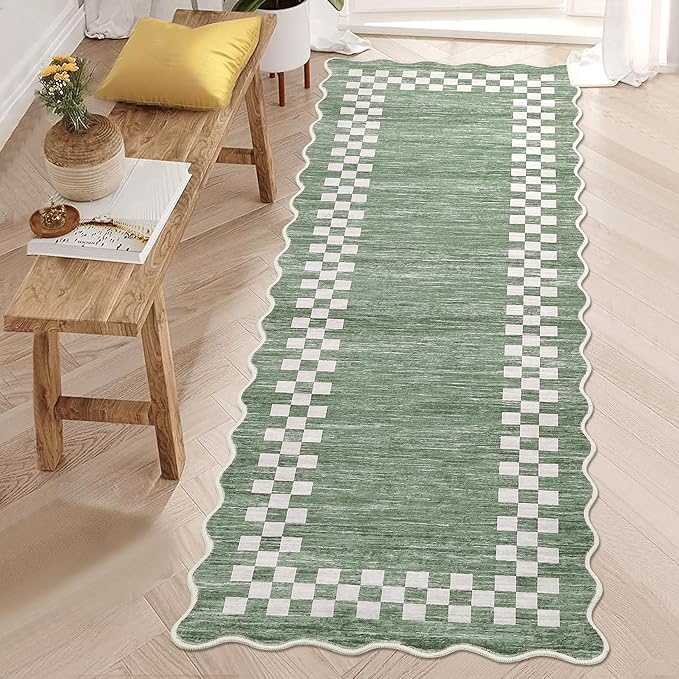GarveeHome Hallway Runner Rug 2x6 Non Slip Scalloped Washable Rug for Kitchen Entry Stain Resistant Modern Border Throw Floor Carpet Long Runner Mat for Bathroom Living Room Bedside, Green