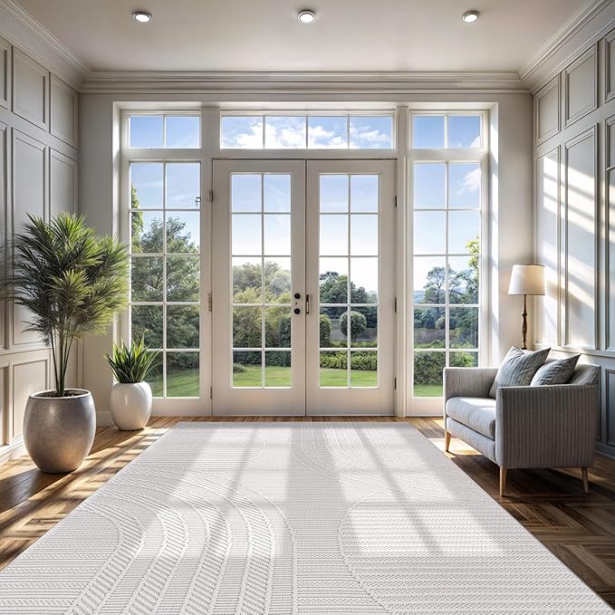 CAMILSON Micro Loop Rug 10x14 Modern Luxury Geometric Arch Large Area Rugs Soft High and Low Pile Stain Resistant Easy-Cleaning Non-Shedding for Living Room Indoor Carpet (10 x 14 / White)