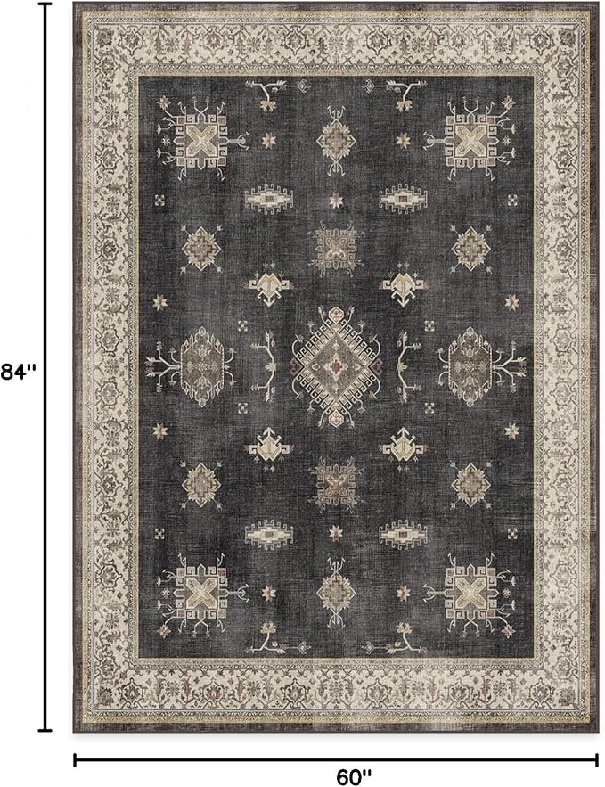 RUGGABLE Washable Vintage Area Rug – Verena Dark Wood 5x7, Stain-Resistant, Non-Slip – Medium Machine Washable Rugs for Living Room, Bedroom, Hallway, Entryway & Office–with Standard Pad