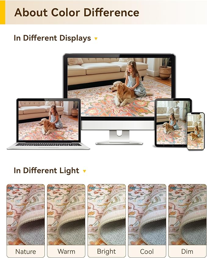 Area Rugs 6'x9' Washable Non-Slip, Floral Vintage Distress Print Pattern Medallion Carpet for Living Room Bedroom Dining Room, Light Pink Colorful