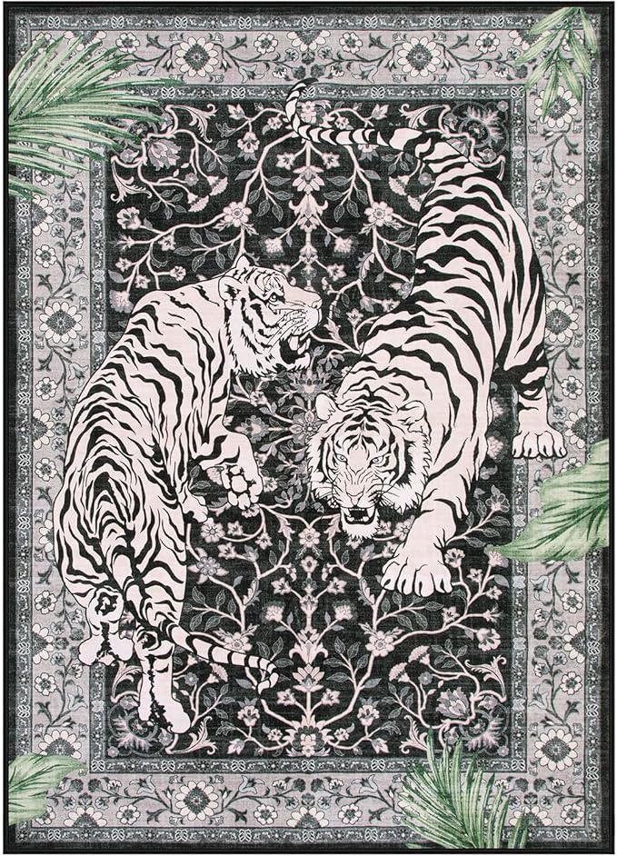 Moynesa Tiger 5x7 Area Rugs, Boho Washable Rugs for Living Room, Vintage Soft Dining Room Rug, Non Slip Ultra Thin Stain Resistant Large Floor Carpet for Office Bedroom, Black