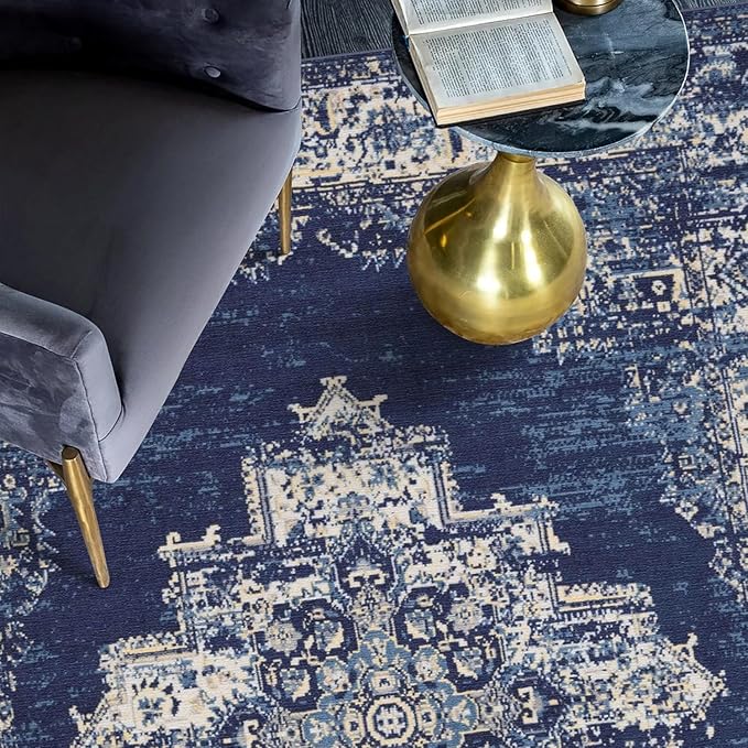 vivorug Round Rug 6ft Vintage Round Area Rug Non-Slip Indoor Carpet for Living Room Bedroom Entryway, Stain Resistant Home Decor Circle Rug, Navy Blue