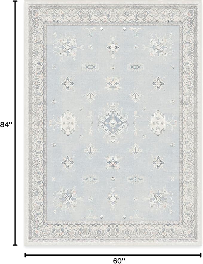RUGGABLE Washable Vintage Area Rug – Verena Soft Blue 5x7, Stain-Resistant, Non-Slip – Medium Machine Washable Rugs for Living Room, Bedroom, Hallway, Entryway & Office–with Cushioned Pad