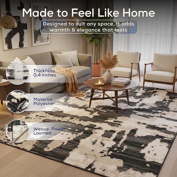 Abani Terra Cream Area Rug for Living Room, Bedroom - Black Abstract Pattern - 9' x 12' - Durable & Easy to Clean