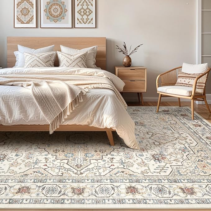 12x15 Area Rug Living Room: Washable Boho Large Neutral Vintage Soft Rug Stain Resistant Farmhouse Non Slip Indoor Floor Carpet for Bedroom Nursery Kids Playroom Office Dining Room- Cream Blue