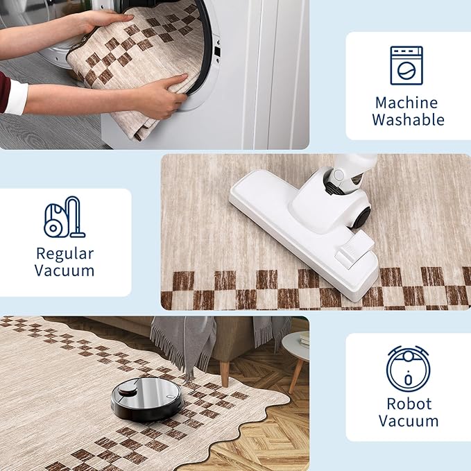 GarveeHome Area Rug 6x9 Large Living Room Modern Border Throw Rug with Rubber Backing Stain Resistant Dining Room Throw Carpet Washable Scalloped Rug for Bedroom Home Decor Office, Beige