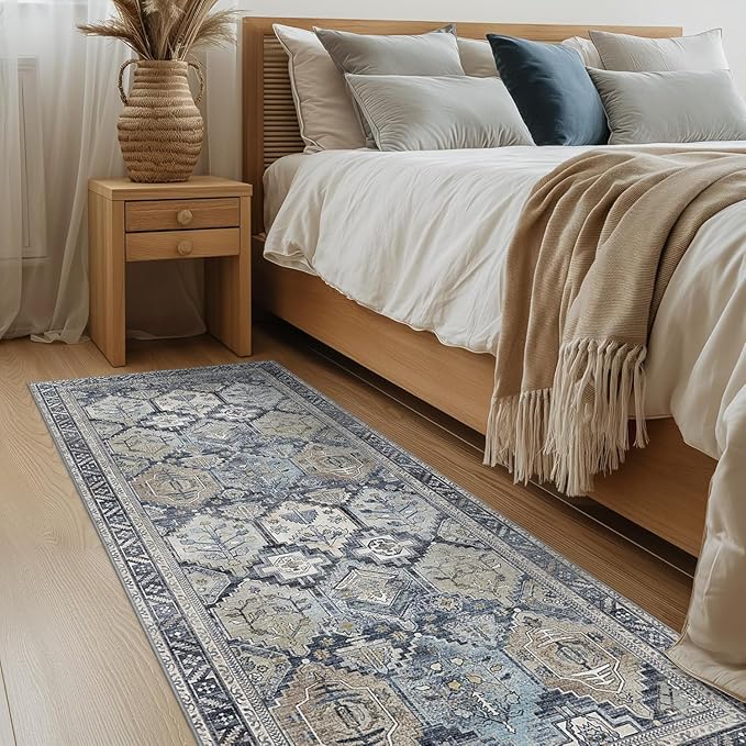 Bavni Kitchen Rug 2x5 Runner Rugs for Hallways Entryway, Washable Vintage Print Carpet, Ultra-Thin Chenille Low Pile Lightweight Rug with Non Slip Backing, Blue