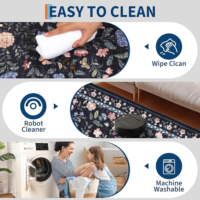8x10 Washable Floral Distressed Rug, Vintage Farmhouse Area Rug for Living Room, Non-Slip Low Pile Soft Carpet for Nursery Bedroom Dining Room Home Office, Dark Grey Blue