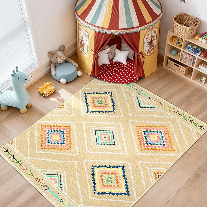 Area Rug 9x12 Rug Machine Washable Non-Slip Low Pile Print Pattern Western Rug for Living Room Bedroom Entryway Tribal Series -Cream/Beige