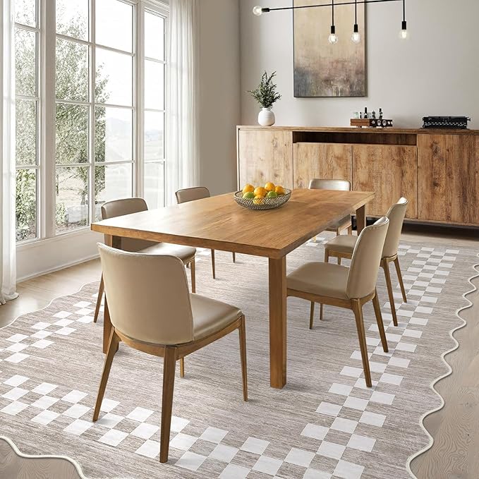 GarveeHome 10x13 Area Rug Large Living Room Scalloped Rug Non Slip Low Pile Bedroom Throw Carpet Soft Modern Bordered Dining Room Rug Stain Resistant Boho Carpet for Home Office, Fog