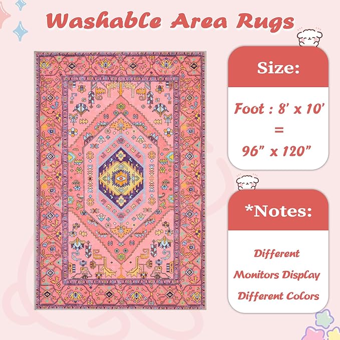 SERISSA Washable Rugs 8x10 Area Rugs, Large Non-Slip Boho Living Room Rug, Ultra Soft Cute Pastel Aesthetic Fuchsia Pink Carpet for Baby Girls Bedroom Kids Playroom Nursery Dining Room Dorm Decor