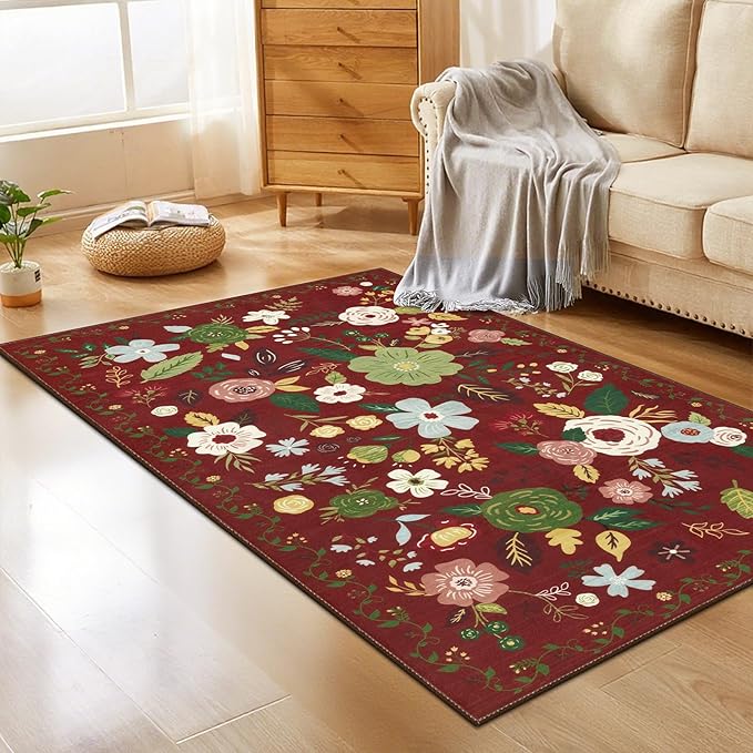 U'Artlines 3x5ft Colorful Red Christmas Floral Rug,Non Slip Washable Area Rug Ultra Soft Low Pile Boho Small Carpet for Living Room, Bedroom, Dining Room,Farmhouse,Office
