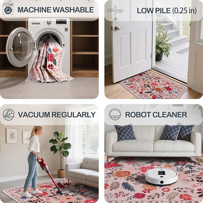 Extra Large 10x14 Area Rug for Living Room, Washable Rugs for Dining Room, Bedroom, Non Slip Stain Resistant Carpet, Low Pile Vintage Floral Rug (Begie Red)