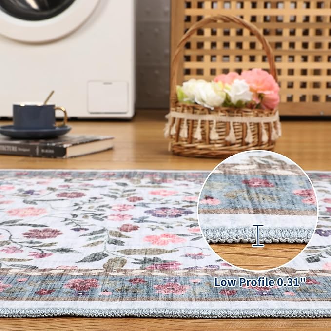 GarveeHome Washable Rug 6 x 9, Low Pile Farmhouse Floral Rug, Non-Shedding Indoor Foldable Printed Carpet Non-Slip Soft Vintage Throw for Bedroom Dining Room Kitchen, Light Blue