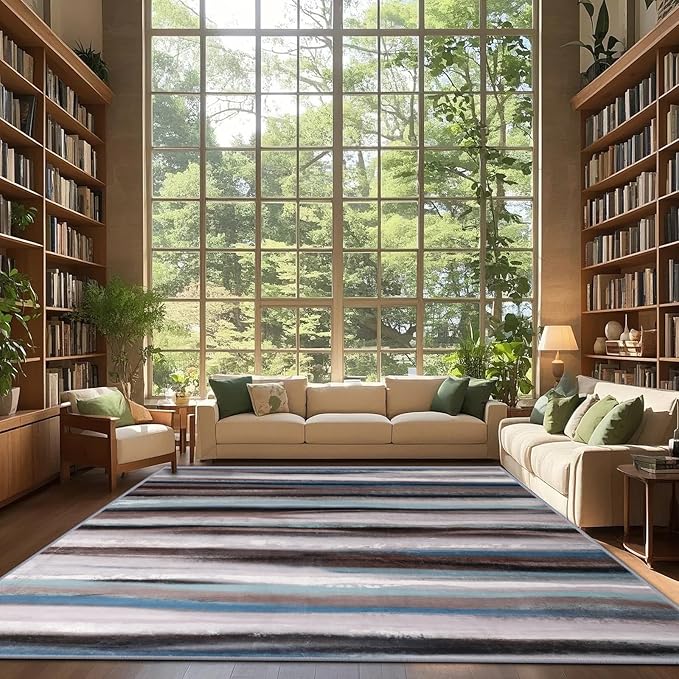 Abstract 8x10 Area Rug, Modern Stripe Rugs for Living Room, Washable Soft Large Non-Slip Floor Carpet for Dining Room Office Bedroom Farmhouse Decor - Blue/Brown/Multi