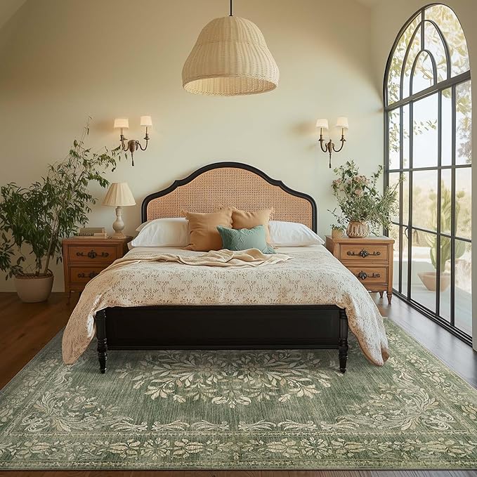 jinchan Green Floral 8x10 Area Rugs for Living Room - Machine Washable Vintage Distressed Design Soft Throw Rug Non-Slip Large Carpet for Bedroom Nursery Dining Room Home Office (8x10ft,Dark Green)