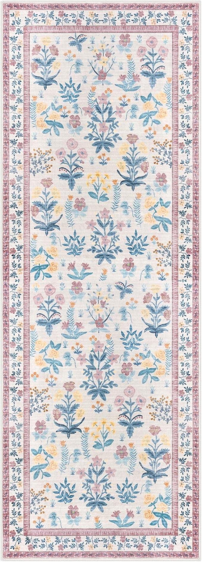 Boho Floral Machine Washable Runner Rug 2x6, Blush Pink Kitchen Runner Rug Non-Slip, Super Thin Hallway Rug Runner Printed Faux Wool Soft Carpet for Entryway Bedroom Laundry Indoor