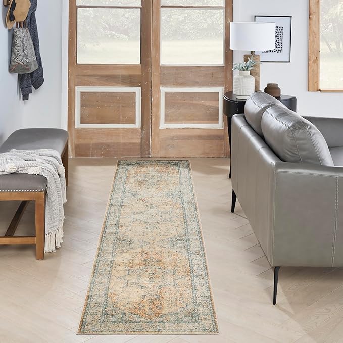 Nourison Home Astra Machine Washable Beige Blue 2'2" x 10' Area Rug - Easy Clean, Non Shedding, Bed Room, Living Room, Dining Room, Kitchen (10' Runner)