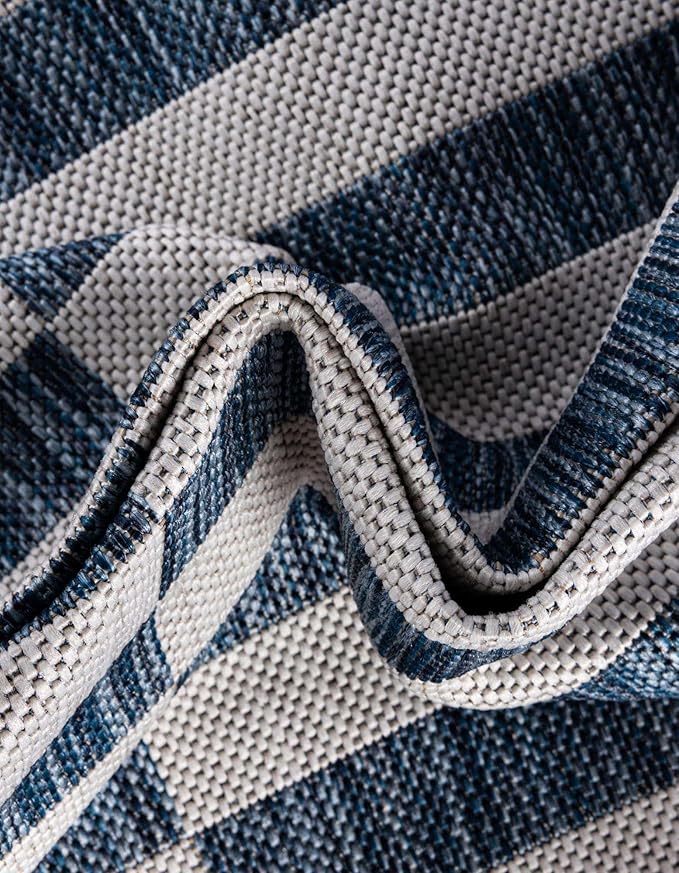 Unique Loom Outdoor Striped Collection Area Rug - Striped (2' x 8' Runner Blue/Ivory)