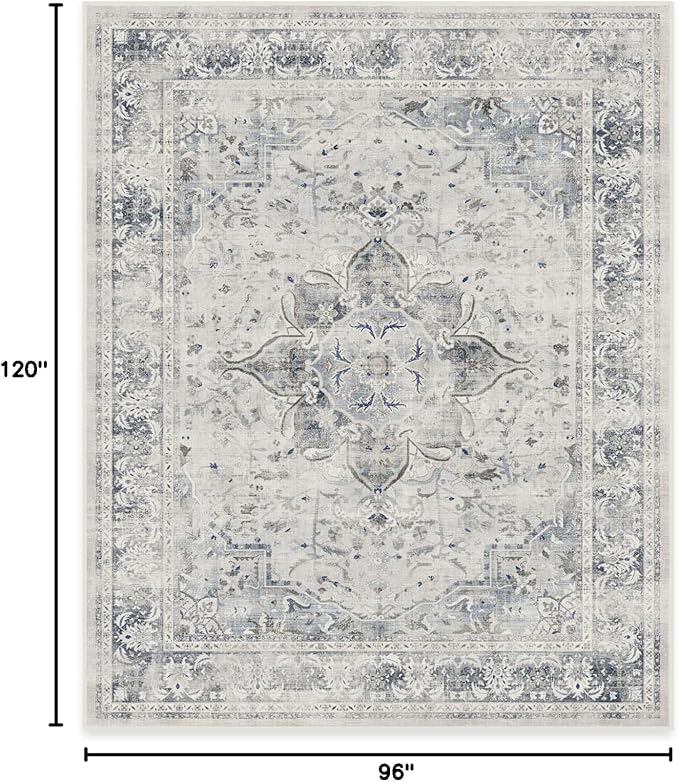 RUGGABLE Washable Vintage Area Rug – Sarrah Blue Quartz 8x10, Stain-Resistant, Non-Slip – Large Machine Washable Rugs for Living Room, Bedroom, Hallway, Entryway & Office–with Standard Pad