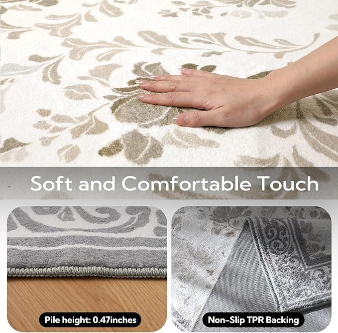 SOULFUL Medium Pile 3x5 Area Rug - Soft Underfoot Small Entryway Rug - Light Taupe Boho Floral - Washable Non-Slip - Perfect for Living Room Bedroom Foot Kids Room Reading Nook