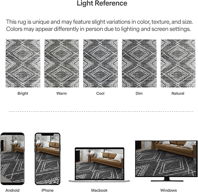 ReaLife Rugs Machine Washable Area Rug - Living Room Bedroom Bathroom Kitchen Entryway Office - Padded Low Pile Stain Resistant Premium - Moroccan Diamond Tribal - Jax - Gray 4' x 6'