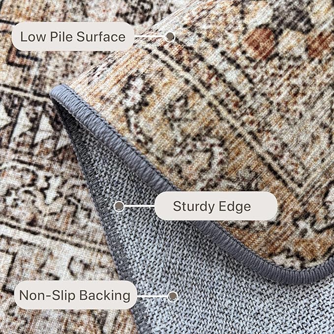 Bavni Washable Rug 8x10 Area Rug for Living Room Bedroom Dining, Washable Vintage Print Carpet, Ultra-Thin Chenille Low Pile Lightweight Rug with Non Slip Backing, Clay