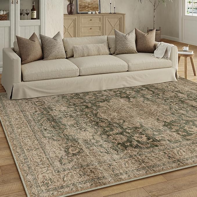 10x12 Vintage Area Rug Green Brown Living Room Bedroom Washable Carpet Non-Slip Soft Low Pile Distressed Indoor Large Throw Rug for Dining Room Office