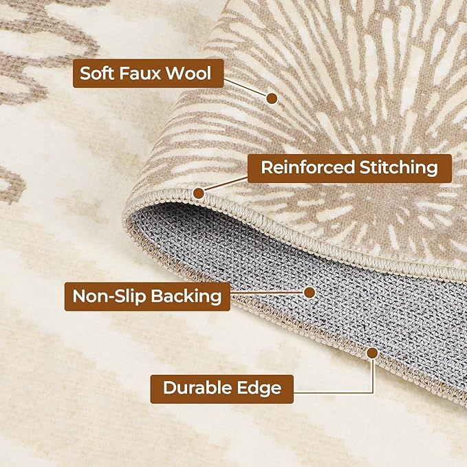 WITSHOCK 6x9 Area Rugs for Living Room: Beige Floral Washable Rugs for Bedroom Dining Room Office Nursery Modern Non-Slip Stain Resistant Low Pile Home Decor（Beige/Brown,6'x9'）