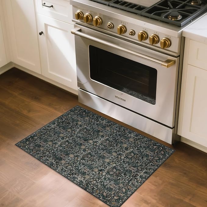 Small Rug 2x3 for Entryway: Boho Floral Door Mat Indoor Entrance Washable - Non-Slip Low Pile Thin Carpet Rugs for Kitchen Bathroom Front Door Laundry - Dark Green