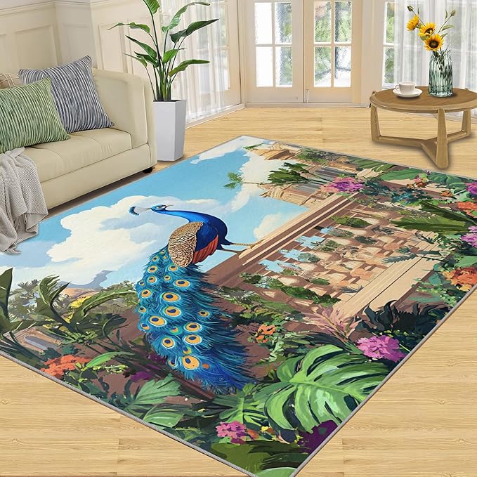 Peacock Rugs for Living Room - 3x5 Rug, Tropical Palm Leaves Area Rugs for Bedroom, Peacock Decor Rug, Floral Animal Washable Carpet, Peafowl Carpet - Peafowl Home Decor & Gifts