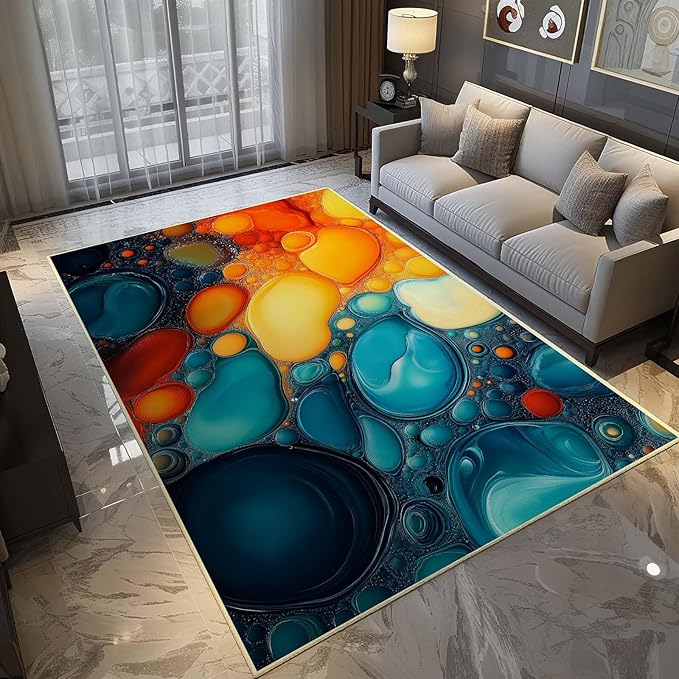 Modern Abstract Area Rug, Fluid Art Abstract Area Rug, Modern Colorful Bubbles Rugs, Geometric Rugs, Washable Non Slip Soft Alcohol Ink Carpet for Living Room (7' x 11'(Rectangular))