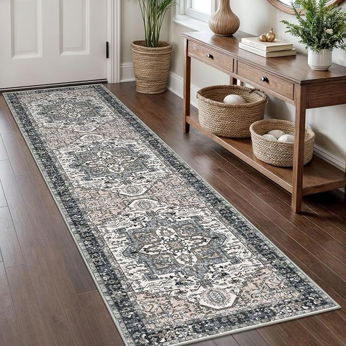 KOZYFLY Runners for Hallways 2x8 Ft Washable Kitchen Runner Rug Boho Entry Rug for Hallways Indoor Printed Faux Wool Long Floor Carpet for Entryway Bedroom Kitchen Hallway Use, Black/Taupe/Beige