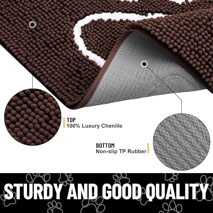 Smiry Dog Door Mat for Muddy Paws, Absorbent Dirt Trapper Non Slip Quick Dry Washable Chenille Mat for Mud Dogs, Entry Rug for Indoor and Outdoor (47x32 Inches, Brown and White)