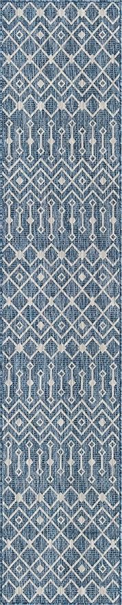 Unique Loom Outdoor Trellis Collection Area Rug - Tribal Trellis (2' x 10' Runner, Blue/ Ivory)
