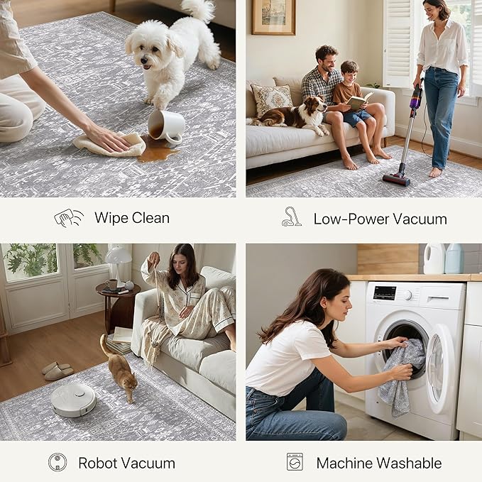 Bavni Washable Runner Rug 2’6”x10, Non Slip Vintage Hallway Runner, Ultra Thin Low Pile Washable Carpet for Kitchen Entryway Bedroom, Grey