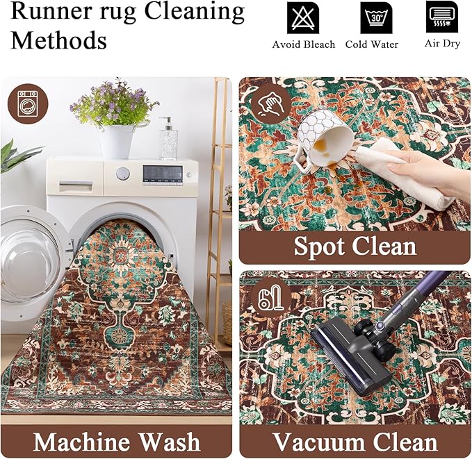 U'Artlines 3' x 20' Boho Hallway Runner Rug, Rust Non Slip Washable Vintage Farmhouse Accent Rug Carpet for Kitchen Entryway Laundry and Living Room (Rust＆Teal)