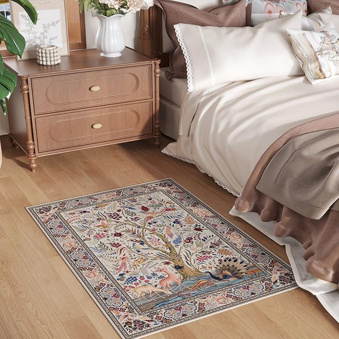 Rugcomf Indoor Door Mat 2x3 Rug Vibrant Tree of Life-Patterned Vintage Machine Washable Small Area Rug Non-Slip Low Pile Throw Rugs for Entryway Kitchen Front Door Entrance Entry Kids Room, Beige