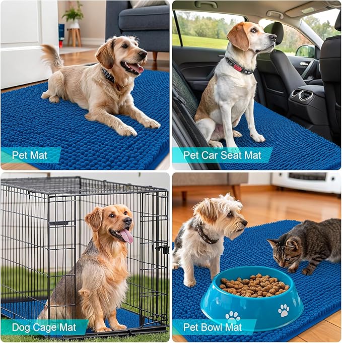 OLANLY Dog Door Mat for Muddy Paws 36x24, Absorbs Moisture and Dirt, Absorbent Non-Slip Washable Doormat, Quick Dry Chenille Mud Mat, Entry Indoor Entryway Carpet for Inside Floor, Deep Navy Blue
