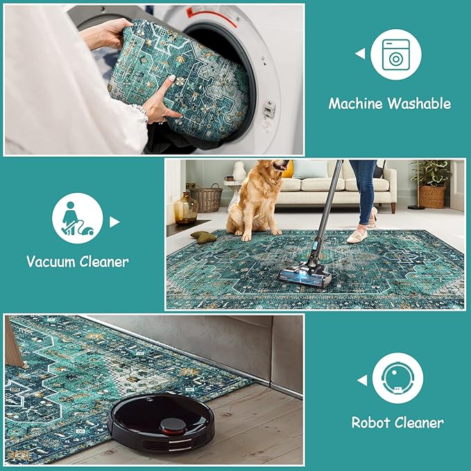 Moynesa Ultra-Thin Washable Runner Rug - 2x7 Teal Hallway Rug Runner Kitchen Carpet Runner, Non Skid Non Shedding Low Pile Bathroom Mat for Apartment Entryway Foyer Vanity RV
