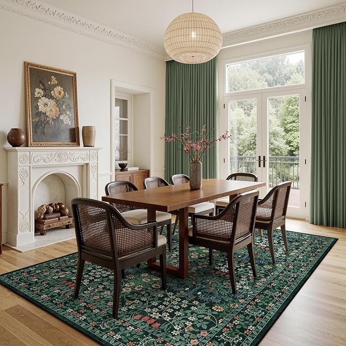 6x9 Area Rugs Living Room Rug - Floral Vintage Morris-Inspired Washable Carpet, Low Pile Non-Shedding Stain Resistance Boho Soft Carpet for Bedroom, Dining Room, Office, Farmhouse (6'x9' Dark Green)