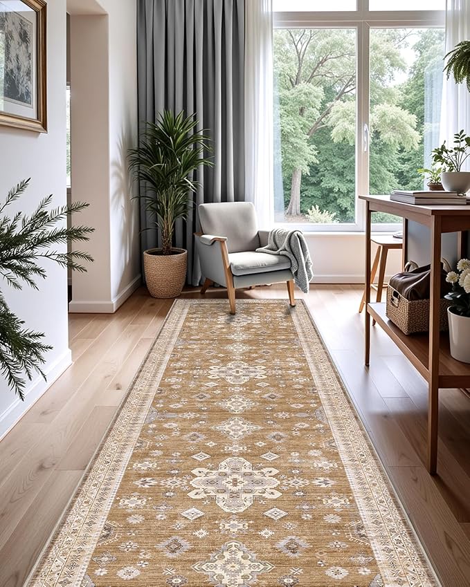 LUMI Runner Rug 3x7, Washable Non-Slip Hallway Throw Rugs, Long Soft Thin Vintage Oriental Kitchen Mats, Low-Pile Indoor Kitchen Entryway Area Rug, Amber