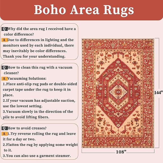 SERISSA 9x12 Area Rugs for Living Room, Large Washable Non-Slip Boho Rug, Ultra Soft Vintage Red Beige Oriental Tribal Print Distressed Carpet for Dining Room Bedroom Dorm Office Home Decor