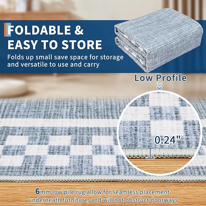 GarveeHome Modern Bordered 8x10 Area Rugs for Living Room Bedroom Soft Washable Large Bedroom Throw Carpet Non Slip Checkered Geometric Rugs for Dining Room Home Decor Office, Blue