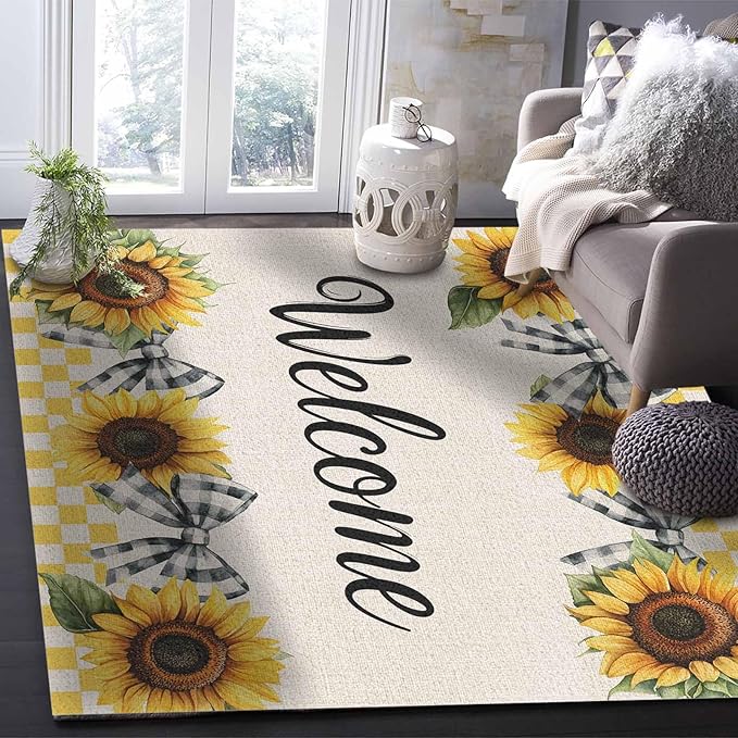 Summer Sunflowers Rectangular Welcome Area Rugs for Living Room Bedroom 5 x 8 ft Bow Tie Plaids Non-Shedding Soft Low Pile Rug Rustic Linen Non Slip Washable Rug for Nursery Entryway Playroom