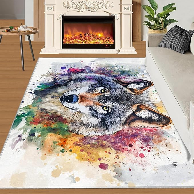 Wolf Rugs for Bedroom - 5x8 Area Rug - Graffiti Wolf Rugs for Living Room, Abstract 3D Animal Graffiti Rug, Washable Home Decor Carpet